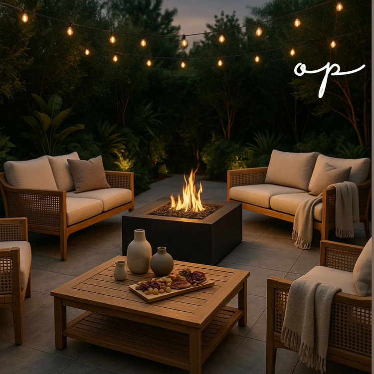Modern outdoor floor lamp on patio at dusk with soft LED glow – Only Percy Outdoor Living collection
