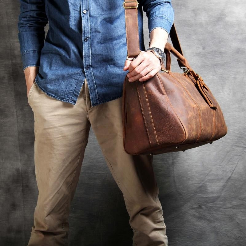 Men’s Leather Travel Bag – Multi-Compartment Holdall in Aged Cowhide