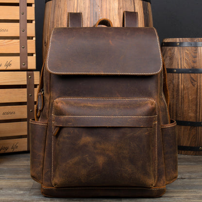 Men’s Cowhide Leather Backpack – Retro Travel Rucksack in Deep Oak & Saddlewood