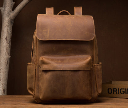 Men’s Cowhide Leather Backpack – Retro Travel Rucksack in Deep Oak & Saddlewood