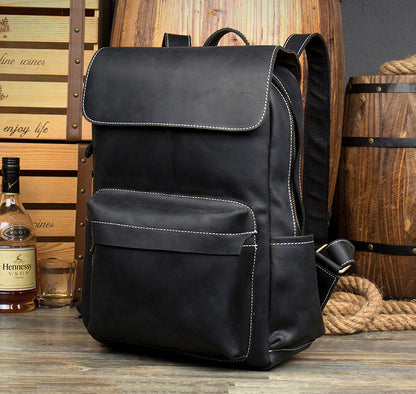 Men’s Cowhide Leather Backpack – Retro Travel Rucksack in Deep Oak & Saddlewood