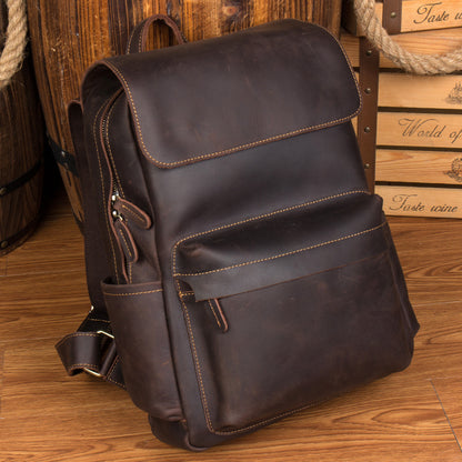 Men’s Cowhide Leather Backpack – Retro Travel Rucksack in Deep Oak & Saddlewood