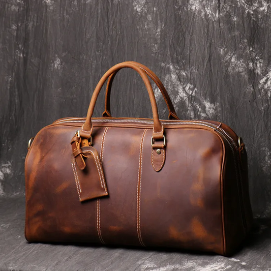 Men’s Cowhide Leather Travel Duffel Bag – Weekender with Shoulder Strap & Canvas Lining